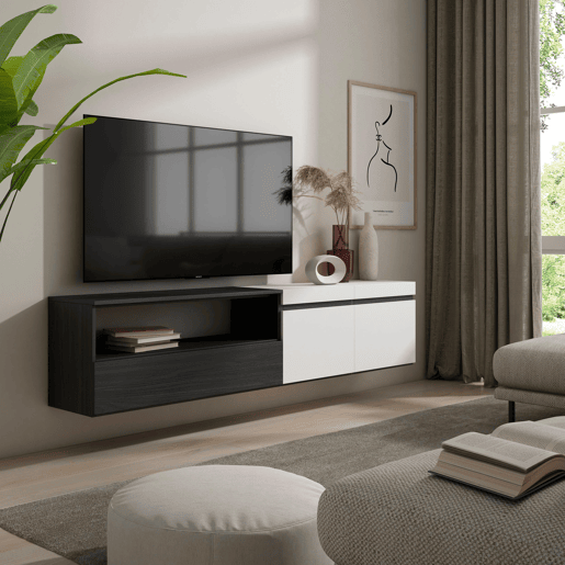 Móvel de TV, Muito espaço de arrumação, 200x35x45cm, Para televisores até 80, Suspensos, Estilo moderno, Branco e preto