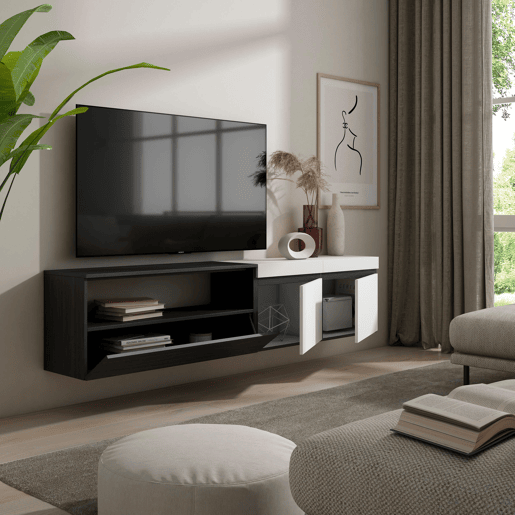 Móvel de TV, Muito espaço de arrumação, 200x35x45cm, Para televisores até 80, Suspensos, Estilo moderno, Branco e preto