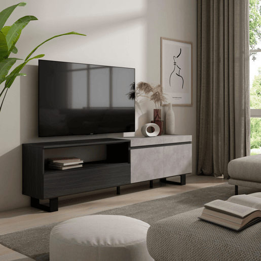 Móvel de TV, Muito espaço de arrumação, 200x35x57cm, Para televisores até 80, Design industrial, Estilo moderno, Cimento Móvel de TV, Muito espaço de arrumação, 200x35x57cm, Para televisores até 80, Design industrial, Estilo moderno, Cimento