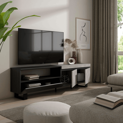 Móvel de TV, Muito espaço de arrumação, 200x35x57cm, Para televisores até 80, Design industrial, Estilo moderno, Cimento Móvel de TV, Muito espaço de arrumação, 200x35x57cm, Para televisores até 80, Design industrial, Estilo moderno, Cimento