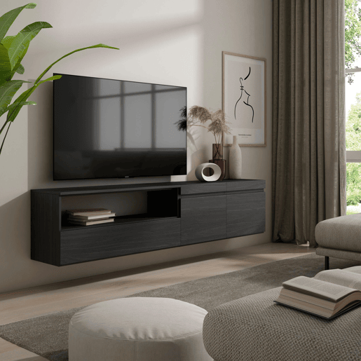 Móvel de TV, Muito espaço de arrumação, 200x35x45cm, Para televisores até 80, Suspensos, Estilo moderno, Preto Móvel de TV, Muito espaço de arrumação, 200x35x45cm, Para televisores até 80, Suspensos, Estilo moderno, Preto