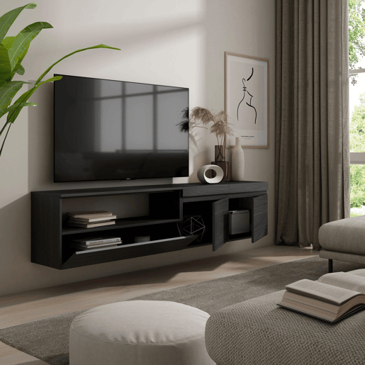 Móvel de TV, Muito espaço de arrumação, 200x35x45cm, Para televisores até 80, Suspensos, Estilo moderno, Preto Móvel de TV, Muito espaço de arrumação, 200x35x45cm, Para televisores até 80, Suspensos, Estilo moderno, Preto