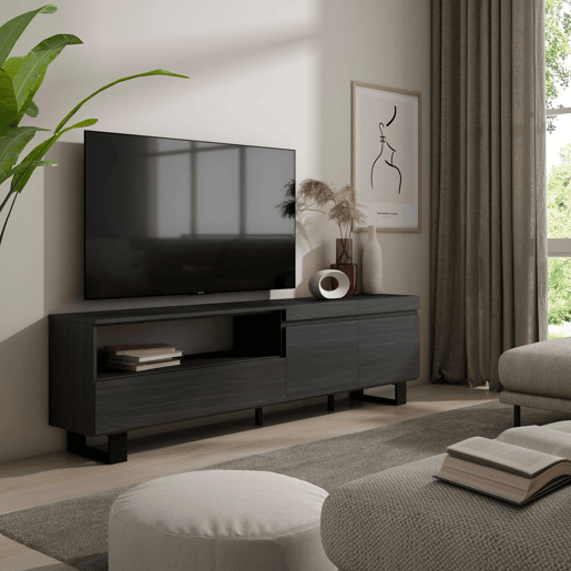 Móvel de TV, Muito espaço de arrumação, 200x35x57cm, Para televisores até 80, Design industrial, Estilo moderno, Preto