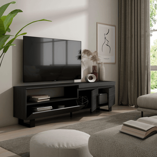 Móvel de TV, Muito espaço de arrumação, 200x35x57cm, Para televisores até 80, Design industrial, Estilo moderno, Preto