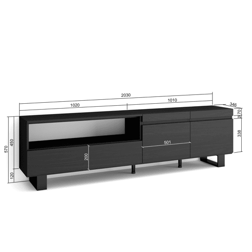 Móvel de TV, Muito espaço de arrumação, 200x35x57cm, Para televisores até 80, Design industrial, Estilo moderno, Preto
