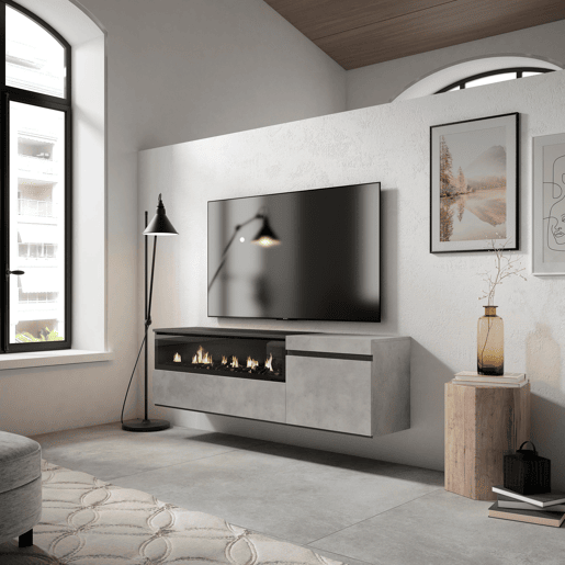 Móvel de TV, Muito espaço de arrumação, 150x35x45cm, Para televisores até 65, Lareira eléctrica, Suspensos, Estilo moderno, Cimento Móvel de TV, Muito espaço de arrumação, 150x35x45cm, Para televisores até 65, Lareira eléctrica, Suspensos, Estilo moderno, Cimento