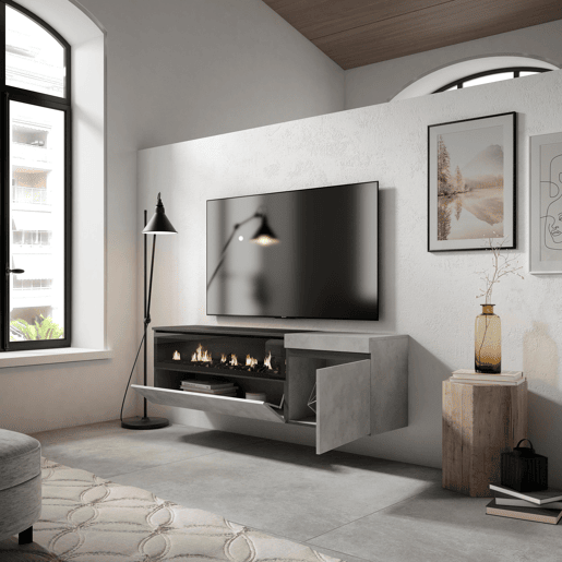 Móvel de TV, Muito espaço de arrumação, 150x35x45cm, Para televisores até 65, Lareira eléctrica, Suspensos, Estilo moderno, Cimento Móvel de TV, Muito espaço de arrumação, 150x35x45cm, Para televisores até 65, Lareira eléctrica, Suspensos, Estilo moderno, Cimento