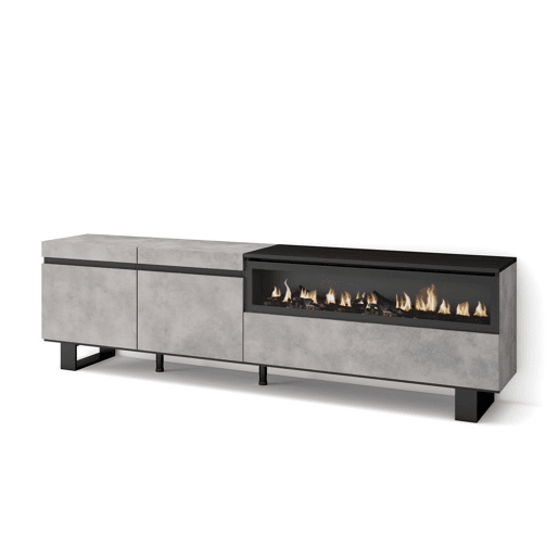 Móvel de TV, Muito espaço de arrumação, 200x35x57cm, Para televisores até 80, Lareira eléctrica, Design industrial, Estilo moderno, Cimento