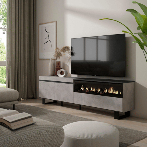 Móvel de TV, Muito espaço de arrumação, 200x35x57cm, Para televisores até 80, Lareira eléctrica, Design industrial, Estilo moderno, Cimento