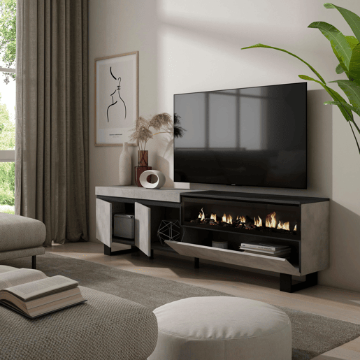 Móvel de TV, Muito espaço de arrumação, 200x35x57cm, Para televisores até 80, Lareira eléctrica, Design industrial, Estilo moderno, Cimento