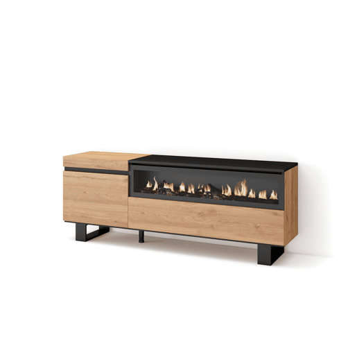 Móvel de TV, Muito espaço de arrumação, 150x35x57cm, Para televisores até 65, Lareira eléctrica, Design industrial, Estilo moderno, Carvalho e preto