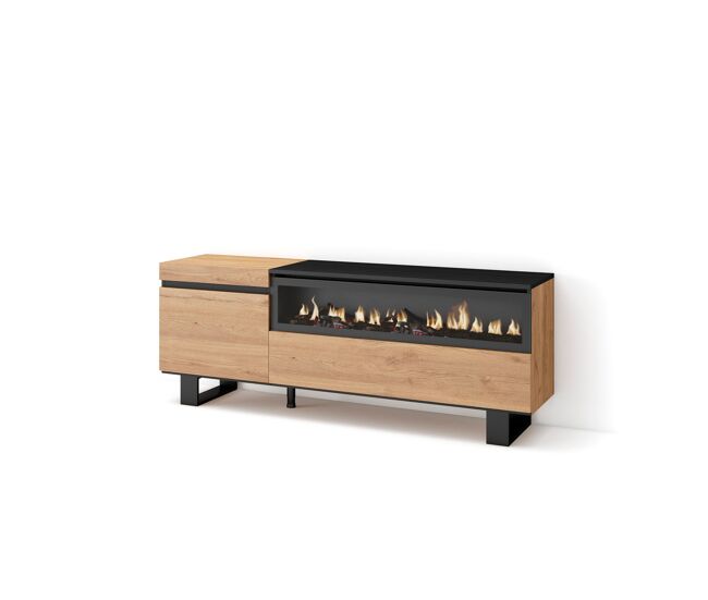Mueble tv, televisión, muebles de salón, almacenaje, 150x35x57cm, para tv hasta 65", chimenea eléctrica, diseño industrial, estilo moderno, roble y