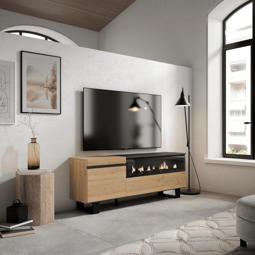 Móvel de TV, Muito espaço de arrumação, 150x35x57cm, Para televisores até 65, Lareira eléctrica, Design industrial, Estilo moderno, Carvalho e preto