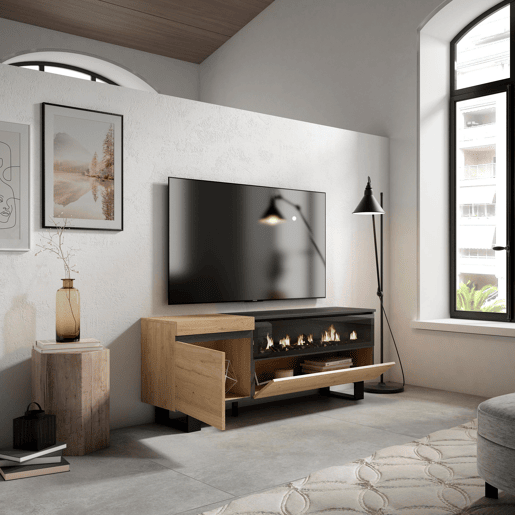 Móvel de TV, Muito espaço de arrumação, 150x35x57cm, Para televisores até 65, Lareira eléctrica, Design industrial, Estilo moderno, Carvalho e preto