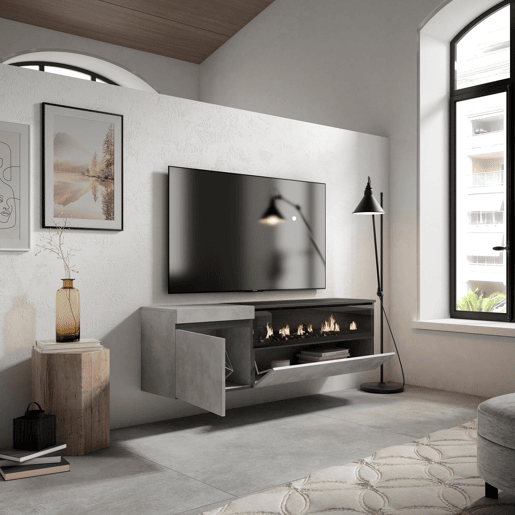 Móvel de TV, Muito espaço de arrumação, 150x35x45cm, Para televisores até 65, Lareira eléctrica, Suspensos, Estilo moderno, Cimento Móvel de TV, Muito espaço de arrumação, 150x35x45cm, Para televisores até 65, Lareira eléctrica, Suspensos, Estilo moderno, Cimento