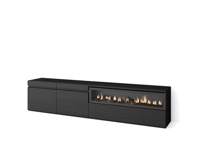 Mueble tv, televisión, muebles de salón, almacenaje, 200x35x45cm, para tv hasta 80", chimenea eléctrica, estilo moderno, negro