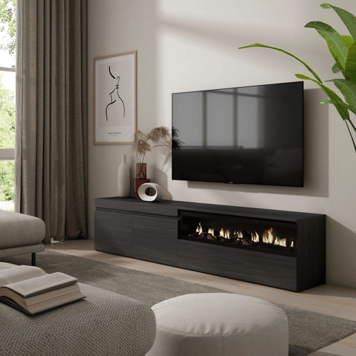 Móvel de TV, Muito espaço de arrumação, 200x35x45cm, Para televisores até 80, Lareira eléctrica, Estilo moderno, Preto