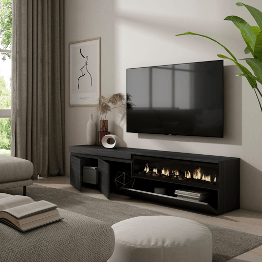 Móvel de TV, Muito espaço de arrumação, 200x35x45cm, Para televisores até 80, Lareira eléctrica, Estilo moderno, Preto