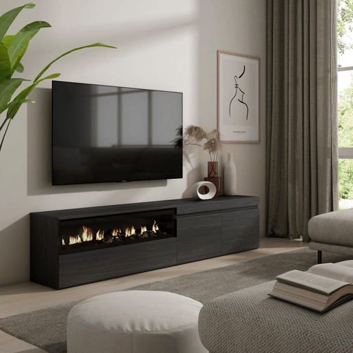 Móvel de TV, Muito espaço de arrumação, 200x35x45cm, Para televisores até 80, Lareira eléctrica, Estilo moderno, Preto
