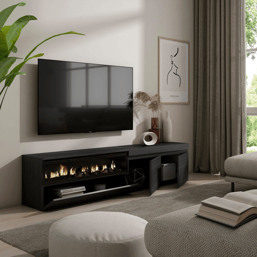 Móvel de TV, Muito espaço de arrumação, 200x35x45cm, Para televisores até 80, Lareira eléctrica, Estilo moderno, Preto