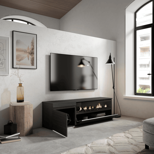 Móvel de TV, Muito espaço de arrumação, 150x35x45cm, Para televisores até 65, Lareira eléctrica, Estilo moderno, Preto