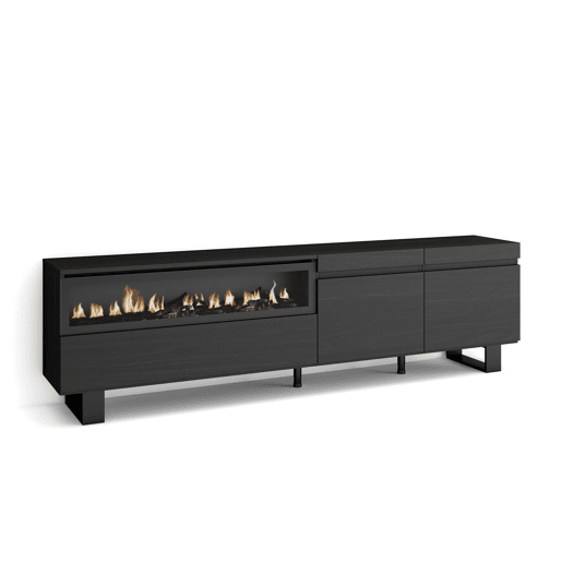Móvel de TV, Muito espaço de arrumação, 200x35x57cm, Para televisores até 80, Lareira eléctrica, Design industrial, Estilo moderno, Preto Móvel de TV, Muito espaço de arrumação, 200x35x57cm, Para televisores até 80, Lareira eléctrica, Design industrial, Estilo moderno, Preto