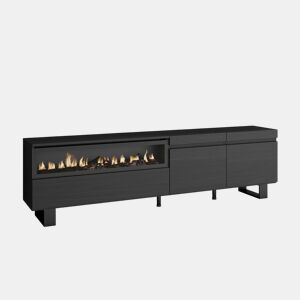 Móvel de TV, Muito espaço de arrumação, 200x35x57cm, Para televisores até 80, Lareira eléctrica, Design industrial, Estilo moderno, Preto