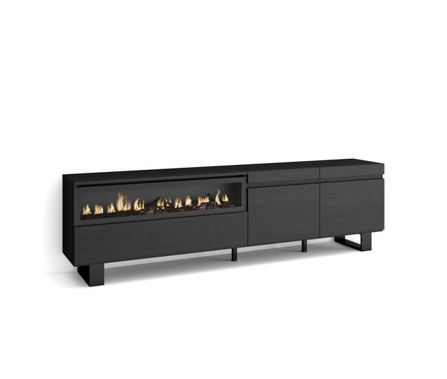 Mueble tv, televisión, muebles de salón, almacenaje, 200x35x57cm, para tv hasta 80", chimenea eléctrica, diseño industrial, estilo moderno, negro