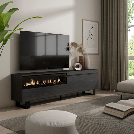 Móvel de TV, Muito espaço de arrumação, 200x35x57cm, Para televisores até 80, Lareira eléctrica, Design industrial, Estilo moderno, Preto Móvel de TV, Muito espaço de arrumação, 200x35x57cm, Para televisores até 80, Lareira eléctrica, Design industrial, Estilo moderno, Preto