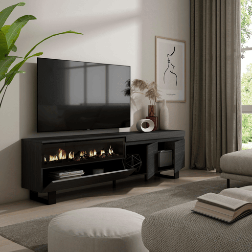 Móvel de TV, Muito espaço de arrumação, 200x35x57cm, Para televisores até 80, Lareira eléctrica, Design industrial, Estilo moderno, Preto Móvel de TV, Muito espaço de arrumação, 200x35x57cm, Para televisores até 80, Lareira eléctrica, Design industrial, Estilo moderno, Preto
