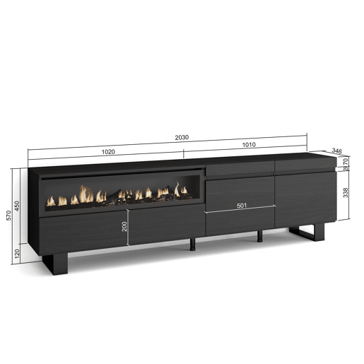 Móvel de TV, Muito espaço de arrumação, 200x35x57cm, Para televisores até 80, Lareira eléctrica, Design industrial, Estilo moderno, Preto Móvel de TV, Muito espaço de arrumação, 200x35x57cm, Para televisores até 80, Lareira eléctrica, Design industrial, Estilo moderno, Preto