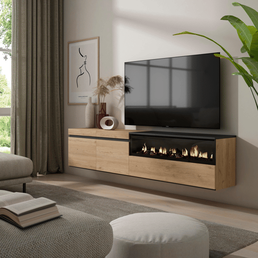 Móvel de TV, Muito espaço de arrumação, 200x35x45cm, Para televisores até 80, Lareira eléctrica, Suspensos, Estilo moderno, Carvalho e preto
