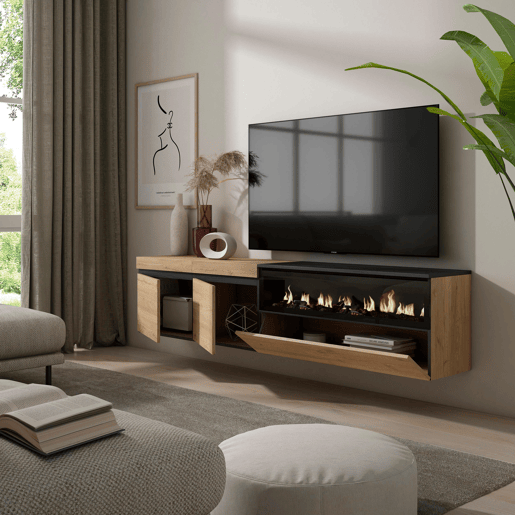 Móvel de TV, Muito espaço de arrumação, 200x35x45cm, Para televisores até 80, Lareira eléctrica, Suspensos, Estilo moderno, Carvalho e preto