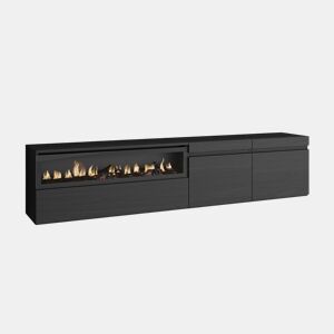 Móvel de TV, Muito espaço de arrumação, 200x35x45cm, Para televisores até 80, Lareira eléctrica, Suspensos, Estilo moderno, Preto