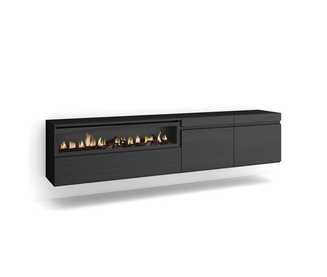 Mueble tv, televisión, muebles de salón, almacenaje, 200x35x45cm, para tv hasta 80", chimenea eléctrica, colgado, suspendido, estilo moderno, negro