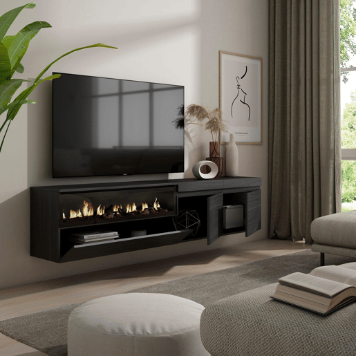 Móvel de TV, Muito espaço de arrumação, 200x35x45cm, Para televisores até 80, Lareira eléctrica, Suspensos, Estilo moderno, Preto Móvel de TV, Muito espaço de arrumação, 200x35x45cm, Para televisores até 80, Lareira eléctrica, Suspensos, Estilo moderno, Preto