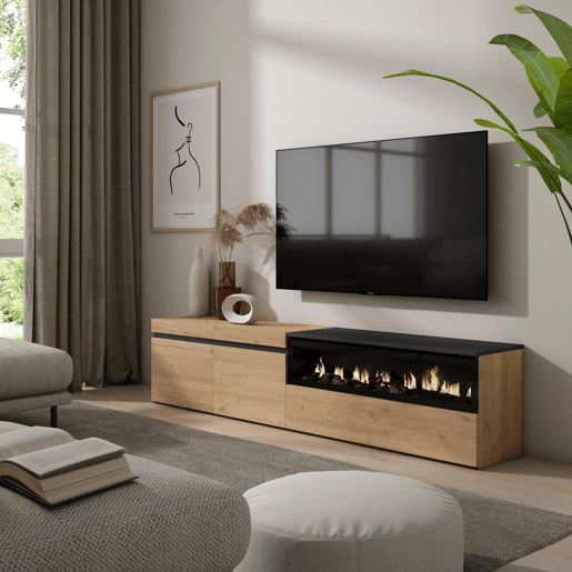 Móvel de TV, Muito espaço de arrumação, 200x35x45cm, Para televisores até 80, Lareira eléctrica, Estilo moderno, Carvalho e preto