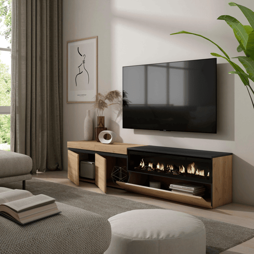 Móvel de TV, Muito espaço de arrumação, 200x35x45cm, Para televisores até 80, Lareira eléctrica, Estilo moderno, Carvalho e preto
