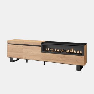 Móvel de TV, Muito espaço de arrumação, 200x35x57cm, Para televisores até 80, Lareira eléctrica, Design industrial, Estilo moderno, Carvalho e preto