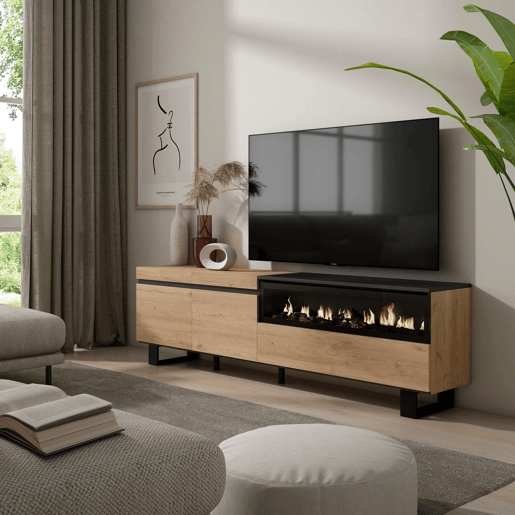 Móvel de TV, Muito espaço de arrumação, 200x35x57cm, Para televisores até 80, Lareira eléctrica, Design industrial, Estilo moderno, Carvalho e preto Móvel de TV, Muito espaço de arrumação, 200x35x57cm, Para televisores até 80, Lareira eléctrica, Design industrial, Estilo moderno, Carvalho e preto