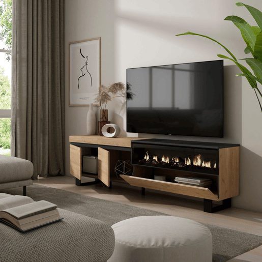 Móvel de TV, Muito espaço de arrumação, 200x35x57cm, Para televisores até 80, Lareira eléctrica, Design industrial, Estilo moderno, Carvalho e preto Móvel de TV, Muito espaço de arrumação, 200x35x57cm, Para televisores até 80, Lareira eléctrica, Design industrial, Estilo moderno, Carvalho e preto