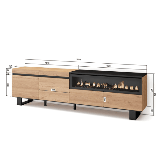 Móvel de TV, Muito espaço de arrumação, 200x35x57cm, Para televisores até 80, Lareira eléctrica, Design industrial, Estilo moderno, Carvalho e preto Móvel de TV, Muito espaço de arrumação, 200x35x57cm, Para televisores até 80, Lareira eléctrica, Design industrial, Estilo moderno, Carvalho e preto
