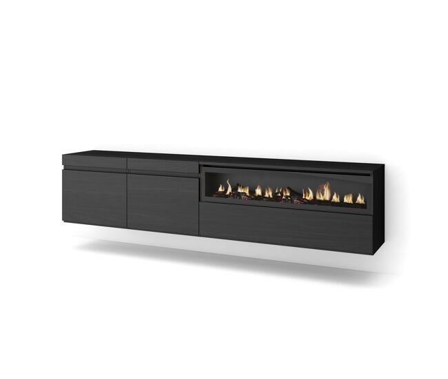 Mueble tv, televisión, muebles de salón, almacenaje, 200x35x45cm, para tv hasta 80", chimenea eléctrica, colgado, suspendido, estilo moderno, negro