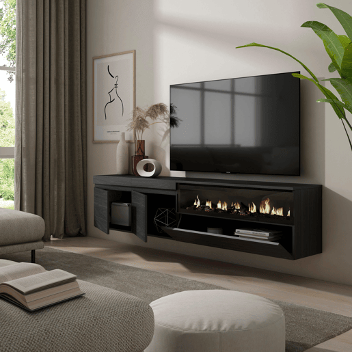 Móvel de TV, Muito espaço de arrumação, 200x35x45cm, Para televisores até 80, Lareira eléctrica, Suspensos, Estilo moderno, Preto