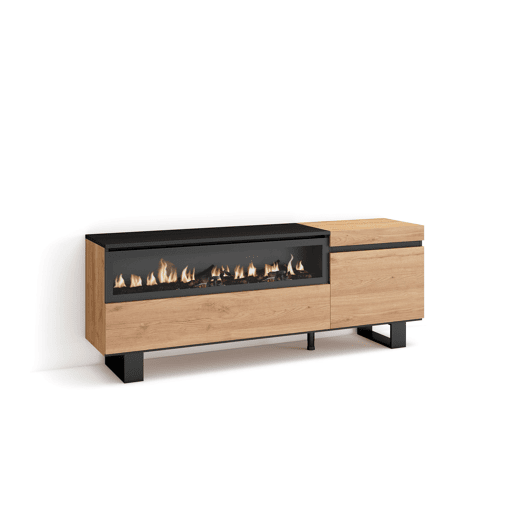 Móvel de TV, Muito espaço de arrumação, 150x35x57cm, Para televisores até 65, Lareira eléctrica, Design industrial, Estilo moderno, Carvalho e preto