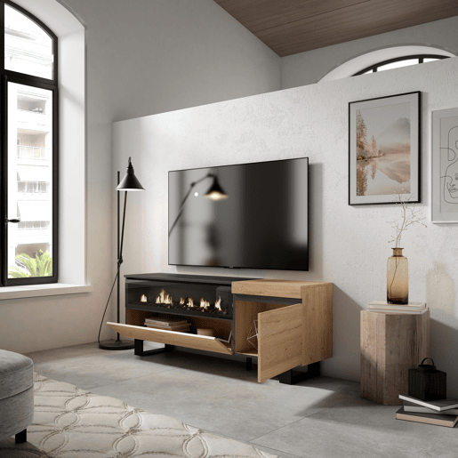 Móvel de TV, Muito espaço de arrumação, 150x35x57cm, Para televisores até 65, Lareira eléctrica, Design industrial, Estilo moderno, Carvalho e preto