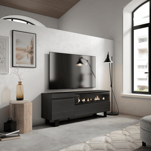 Móvel de TV, Muito espaço de arrumação, 150x35x57cm, Para televisores até 65, Lareira eléctrica, Design industrial, Estilo moderno, Preto Móvel de TV, Muito espaço de arrumação, 150x35x57cm, Para televisores até 65, Lareira eléctrica, Design industrial, Estilo moderno, Preto