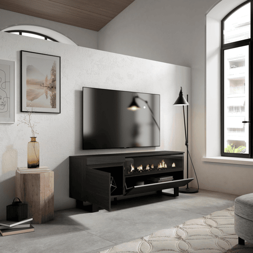 Móvel de TV, Muito espaço de arrumação, 150x35x57cm, Para televisores até 65, Lareira eléctrica, Design industrial, Estilo moderno, Preto Móvel de TV, Muito espaço de arrumação, 150x35x57cm, Para televisores até 65, Lareira eléctrica, Design industrial, Estilo moderno, Preto