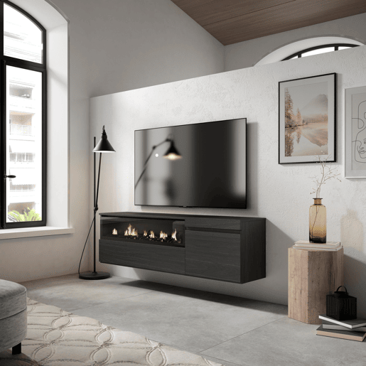 Móvel de TV, Muito espaço de arrumação, 150x35x45cm, Para televisores até 65, Lareira eléctrica, Suspensos, Estilo moderno, Preto Móvel de TV, Muito espaço de arrumação, 150x35x45cm, Para televisores até 65, Lareira eléctrica, Suspensos, Estilo moderno, Preto