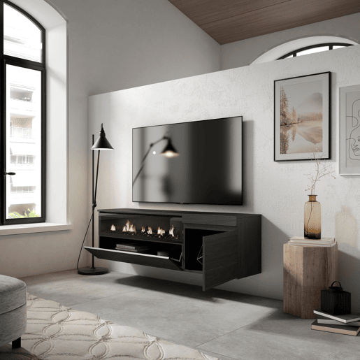 Móvel de TV, Muito espaço de arrumação, 150x35x45cm, Para televisores até 65, Lareira eléctrica, Suspensos, Estilo moderno, Preto Móvel de TV, Muito espaço de arrumação, 150x35x45cm, Para televisores até 65, Lareira eléctrica, Suspensos, Estilo moderno, Preto